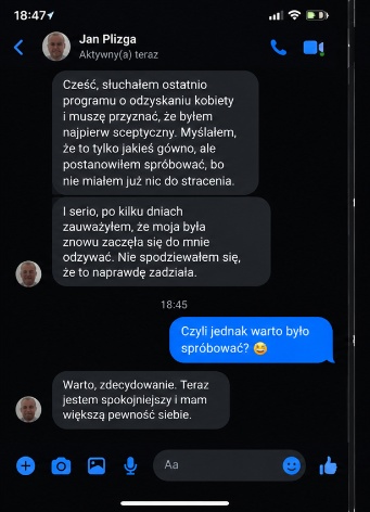 Zrzut ekranu Messenger: Jan Plizga - kontakt po kilku dniach i odzyskany spokój