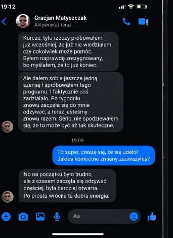 Zrzut ekranu Messenger: Gracjan Matyszczak - powrót po tygodniu i odbudowa relacji
