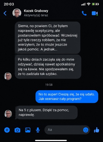Zrzut ekranu Messenger: Kazek Grabowy - szybki kontakt, spotkanie na kawie i ocena 5+