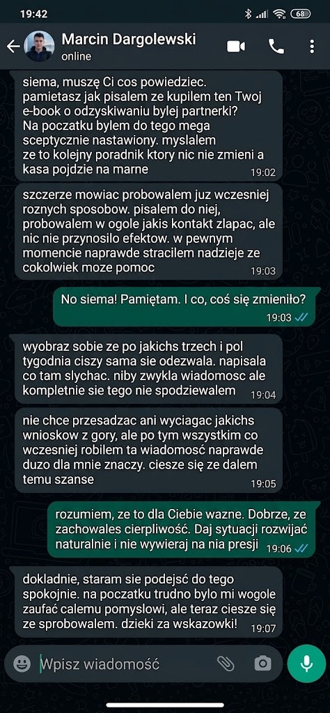 Zrzut ekranu WhatsApp: Marcin Dargolewski - przełamanie ciszy i kontakt po 3.5 tygodnia